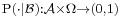 \scriptstyle \operatorname{P}(\cdot|\mathcal{B}):\mathcal{A} \times \Omega \to (0,1)