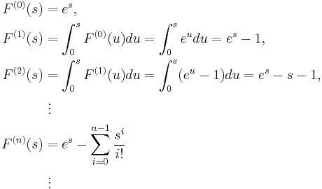 
\begin{align}
F^{(0)}(s) & = e^s, \\
F^{(1)}(s) & = \int^s_0 F^{(0)}(u)du=\int^s_0 e^u du=e^s-1, \\
F^{(2)}(s) & = \int^s_0 F^{(1)}(u)du=\int^s_0 (e^u-1) du=e^s-s-1, \\
& {} \  \vdots \\
F^{(n)}(s) & = e^s-\sum_{i=0}^{n-1}\frac {s^i}{i!} \\
& {}\  \vdots
\end{align}
