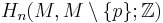 H_n(M, M\setminus\{p\}; \mathbb{Z})