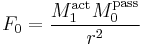 F_0 = \frac{M_1^\mathrm{act}  M_0^\mathrm{pass}}{r^2}