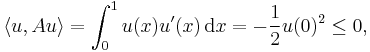 \langle u, A u \rangle = \int_0^1 u(x) u'(x) \, \mathrm{d} x = - \frac1{2} u(0)^2 \leq 0,