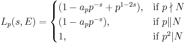 L_p(s,E)=\begin{cases}
            (1-a_pp^{-s}%2Bp^{1-2s}), & \text{if }p\nmid N \\
            (1-a_pp^{-s}), & \text{if }p\|N \\
            1, & \text{if }p^2|N
       \end{cases}