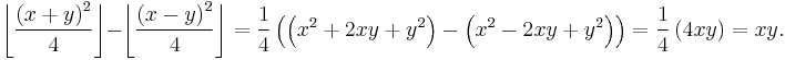 
\left\lfloor \frac{\left(x%2By\right)^2}{4} \right\rfloor - \left\lfloor \frac{\left(x-y\right)^2}{4} \right\rfloor =
\frac{1}{4}\left(\left(x^2%2B2xy%2By^2\right) - \left(x^2-2xy%2By^2\right)\right) =
\frac{1}{4}\left(4xy\right) = xy.
