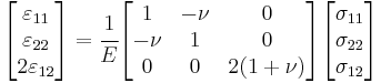 
   \begin{bmatrix}\varepsilon_{11} \\ \varepsilon_{22} \\ 2\varepsilon_{12} \end{bmatrix} = \cfrac{1}{E}
   \begin{bmatrix} 1 & -\nu & 0 \\
                   -\nu & 1 & 0 \\
                    0 & 0 & 2(1%2B\nu) \end{bmatrix}
    \begin{bmatrix}\sigma_{11} \\ \sigma_{22} \\ \sigma_{12} \end{bmatrix}
 