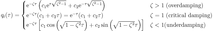 q_t (\tau) = \begin{cases} \mathrm{e}^{-\zeta\tau} \left( c_1 \mathrm{e}^{\tau \sqrt{\zeta^2 - 1}} %2B c_2 \mathrm{e}^{- \tau \sqrt{\zeta^2 - 1}} \right) & \zeta > 1 \text{ (overdamping)} \\ \mathrm{e}^{-\zeta\tau} (c_1%2Bc_2 \tau) = \mathrm{e}^{-\tau}(c_1%2Bc_2 \tau) & \zeta = 1 \text{ (critical damping)} \\ \mathrm{e}^{-\zeta \tau} \left[ c_1 \cos \left(\sqrt{1-\zeta^2} \tau\right) %2Bc_2 \sin\left(\sqrt{1-\zeta^2} \tau\right) \right] & \zeta < 1 \text{(underdamping)} \end{cases}