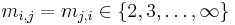 m_{i,j} = m_{j,i} \in \{2,3,\ldots, \infty\}