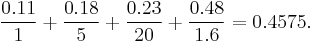 \frac{0.11}{1} %2B \frac{0.18}{5} %2B \frac{0.23}{20} %2B \frac{0.48}{1.6} = 0.4575.