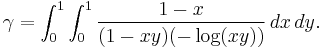 \gamma=\int_0^1\int_0^1\frac{1-x}{(1-xy)(-\log(xy))}\,dx\,dy.