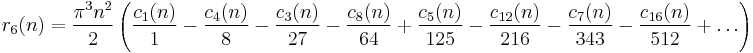 
r_6(n)=
\frac{\pi^3 n^2}{2}
\left(
\frac{c_1(n)}{1}-
\frac{c_4(n)}{8}-
\frac{c_3(n)}{27}- 
\frac{c_8(n)}{64}%2B
\frac{c_5(n)}{125}-
\frac{c_{12}(n)}{216}-
\frac{c_7(n)}{343}-
\frac{c_{16}(n)}{512}%2B
\dots
\right)
