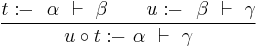 \frac{t:\!\!-~~ \alpha ~\vdash~ \beta\qquad u:\!\!-~~ \beta ~\vdash~ \gamma}{u \circ t:\!\!- ~\alpha ~\vdash~ \gamma}