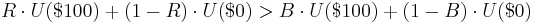 R \cdot U(\$100) %2B (1-R)  \cdot U(\$0) > B\cdot U(\$100) %2B (1-B) \cdot U(\$0) 