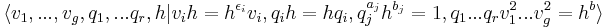 \langle v_1,...,v_g,q_1,...q_r,h| v_ih=h^{\epsilon_i}v_i,q_ih=hq_i, q_j^{a_j}h^{b_j}=1, q_1...q_rv_1^2...v_g^2=h^b\rangle