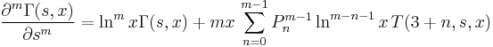 
\frac{\partial^m \Gamma (s,x) }{\partial s^m} = \ln^m x \Gamma (s,x) %2B m x\,\sum_{n=0}^{m-1} P_n^{m-1} \ln^{m-n-1} x\,T(3%2Bn,s,x)
