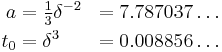 \begin{align}
  a &= \tfrac13\delta^{-2} &= 7.787037\ldots\\
  t_0 &= \delta^3 &= 0.008856\ldots
\end{align}