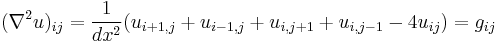 
( {\nabla}^2 u )_{ij} = \frac{1}{dx^2} ( u_{i%2B1,j} %2B  u_{i-1,j} %2B  u_{i,j%2B1} %2B  u_{i,j-1} - 4 u_{ij}) = g_{ij}
