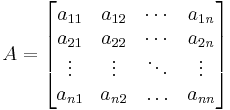 A = \begin{bmatrix} a_{11} & a_{12} & \cdots & a_{1\mathit{n}} \\ a_{21} & a_{22} & \cdots & a_{2\mathit{n}} \\ \vdots & \vdots & \ddots & \vdots \\ a_{\mathit{n}1} & a_{\mathit{n}2} & \ldots & a_{\mathit{nn}} \end{bmatrix}