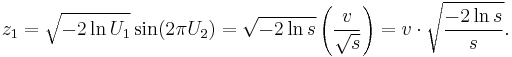 z_1 = \sqrt{-2 \ln U_1} \sin(2 \pi U_2) = \sqrt{-2 \ln s}\left( \frac{v}{\sqrt{s}}\right) = v \cdot \sqrt{\frac{-2 \ln s}{s}}.