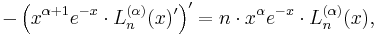 -\left(x^{\alpha%2B1} e^{-x}\cdot L_n^{(\alpha)}(x)^\prime\right)^\prime= n\cdot x^\alpha e^{-x}\cdot L_n^{(\alpha)}(x),