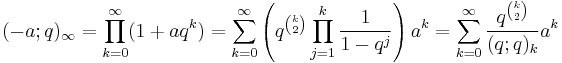 (-a;q)_\infty = \prod_{k=0}^\infty (1%2Baq^k)
                     = \sum_{k=0}^\infty \left(q^{k\choose 2} \prod_{j=1}^k \frac{1}{1-q^j}\right) a^k
                     = \sum_{k=0}^\infty \frac{q^{k\choose 2}}{(q;q)_k} a^k