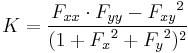 K = \frac{F_{xx}\cdot F_{yy}-{F_{xy}}^2}{(1%2B{F_x}^2%2B{F_y}^2)^2}