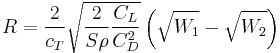 R=\frac{2}{c_T} \sqrt{\frac{2}{S \rho} \frac{C_L}{C_D^2}} \left(\sqrt{W_1}-\sqrt{W_2} \right)