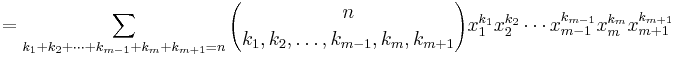  = \sum_{k_1%2Bk_2%2B\cdots%2Bk_{m-1}%2Bk_m%2Bk_{m%2B1}=n}{n\choose k_1,k_2,\ldots,k_{m-1},k_m,k_{m%2B1}} x_1^{k_1}x_2^{k_2}\cdots x_{m-1}^{k_{m-1}}x_m^{k_m}x_{m%2B1}^{k_{m%2B1}}
