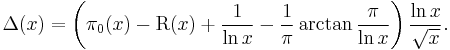 \Delta(x) = \left( \pi_0(x) - \operatorname{R}(x) %2B \frac1{\ln x} - \frac1{\pi}\arctan\frac{\pi}{\ln x} \right) \frac{\ln x}{\sqrt x}.