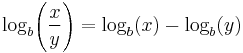 \log_b \!\left(\frac x y \right) = \log_b (x) - \log_b (y) \,