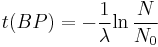 t(BP) = -\frac{1}{\lambda} {\ln \frac{N}{N_0}}