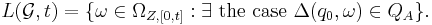  
L(\mathcal{G},t)=\{\omega \in \Omega_{Z,[0,t]}: \exists \text{ the case }
\Delta(q_0,\omega) \in Q_A\}. 
