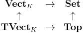 \begin{array}{ccc}
\textbf{Vect}_K & \rightarrow & \textbf{Set} \\
\uparrow & & \uparrow \\
\textbf{TVect}_K & \rightarrow & \textbf{Top}
\end{array}