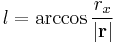  l = \arccos { r_x  \over { \mathbf{\left |r \right |}}}