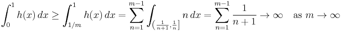 
    \int_0^1 h(x)\,dx
    \ge \int_{1/m}^1{h(x)\,dx}
    =   \sum_{n=1}^{m-1} \int_{\left(\frac1{n%2B1},\frac1n\right]}{n\,dx}
    =   \sum_{n=1}^{m-1} \frac{1}{n%2B1}
    \to \infty \quad \text{as }m\to\infty
  