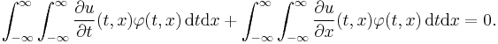 \int_{-\infty}^\infty \int_{-\infty}^\infty  \frac{\partial u}{\partial t} (t, x) \varphi (t, x) \, \mathrm{d} t \mathrm{d} x %2B\int_{-\infty}^\infty \int_{-\infty}^\infty  \frac{\partial u}{\partial x} (t, x)\varphi(t,x) \, \mathrm{d}t \mathrm{d} x =0. 