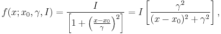 f(x; x_0,\gamma,I) = \frac{I}{\left[1 %2B \left(\frac{x-x_0}{\gamma}\right)^2\right]}
 = { I }\left[ { \gamma^2 \over (x - x_0)^2 %2B \gamma^2  } \right], 