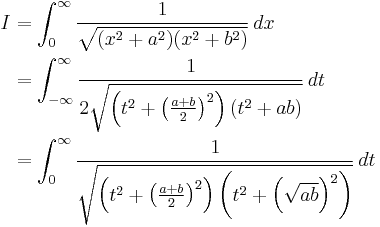 \begin{align}I & = \int _0^\infty \frac{1}{\sqrt{(x^2 %2B a^2) (x^2 %2B b^2)}} \, dx \\
 & = \int _{- \infty}^\infty \frac{1}{2 \sqrt{\left( t^2 %2B \left( \frac{a %2B b}{2}\right)^2 \right) (t^2 %2B a b)}} \, dt \\
 & = \int _0^\infty\frac{1}{\sqrt{\left( t^2 %2B \left( \frac{a %2B b}{2}\right)^2\right) \left(t^2 %2B \left(\sqrt{a b}\right)^2\right)}} \, dt \end{align}