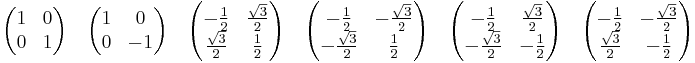 
\begin{pmatrix}
1 & 0 \\
0 & 1 \\
\end{pmatrix}
\quad
\begin{pmatrix}
1 & 0 \\
0 & -1 \\
\end{pmatrix}
\quad
\begin{pmatrix}
-\frac{1}{2} & \frac{\sqrt{3}}{2} \\
\frac{\sqrt{3}}{2}& \frac{1}{2} \\ 
\end{pmatrix}
\quad
\begin{pmatrix}
-\frac{1}{2} & -\frac{\sqrt{3}}{2} \\
-\frac{\sqrt{3}}{2}& \frac{1}{2} \\ 
\end{pmatrix}
\quad
\begin{pmatrix}
-\frac{1}{2} & \frac{\sqrt{3}}{2} \\
-\frac{\sqrt{3}}{2}& -\frac{1}{2} \\ 
\end{pmatrix}
\quad
\begin{pmatrix}
-\frac{1}{2} & -\frac{\sqrt{3}}{2} \\
\frac{\sqrt{3}}{2}& -\frac{1}{2} \\ 
\end{pmatrix}
