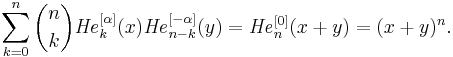 \sum_{k=0}^n {n\choose k}{\mathit{He}}_k^{[\alpha]}(x) {\mathit{He}}_{n-k}^{[-\alpha]}(y)={\mathit{He}}_n^{[0]}(x%2By)=(x%2By)^n.\,\!