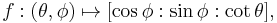  f:(\theta, \phi) \mapsto [\cos \phi�: \sin \phi�: \cot \theta], 