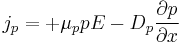 j_p=%2B\mu_p p E-D_p \frac{\partial p}{\partial x}