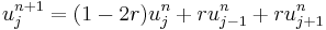  u_{j}^{n%2B1} = (1-2r)u_{j}^{n} %2B ru_{j-1}^{n} %2B ru_{j%2B1}^{n}  