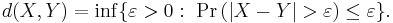 
    d(X,Y) = \inf\!\big\{ \varepsilon>0:\ \Pr\big(|X-Y|>\varepsilon\big)\leq\varepsilon\big\}.
  