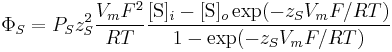 \Phi_{S} = P_{S}z_{S}^2\frac{V_{m}F^{2}}{RT}\frac{[\mbox{S}]_{i} - [\mbox{S}]_{o}\exp(-z_{S}V_{m}F/RT)}{1 - \exp(-z_{S}V_{m}F/RT)} 