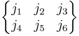 
 \begin{Bmatrix}
    j_1 & j_2 & j_3\\
    j_4 & j_5 & j_6
 \end{Bmatrix}
