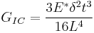 G_{IC}=\frac{3E^* \delta^2 t^3}{16 L^4}