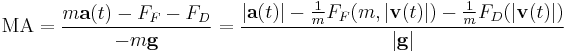  \mbox{MA}=\frac{m \mathbf{a}(t) - F_F - F_D}{-m \mathbf{g}} = \frac{|\mathbf{a}(t)| - \tfrac{1}{m}F_F(m,|\mathbf{v}(t)|) - \tfrac{1}{m}F_D(|\mathbf{v}(t)|)}{|\mathbf{g}|}\;