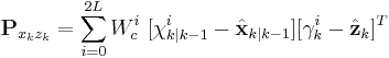 \textbf{P}_{x_{k}z_{k}} = \sum_{i=0}^{2L} W_{c}^{i}\ [\chi_{k|k-1}^{i} - \hat{\textbf{x}}_{k|k-1}] [\gamma_{k}^{i} - \hat{\textbf{z}}_{k}]^{T} 