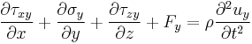 \frac{\partial \tau_{xy}}{\partial x} %2B \frac{\partial \sigma_y}{\partial y} %2B \frac{\partial \tau_{zy}}{\partial z} %2B F_y = \rho \frac{\partial^2 u_y}{\partial t^2}\,\!