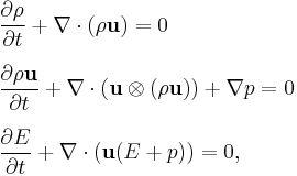 
\begin{align}
&{\partial\rho\over\partial t}%2B
\nabla\cdot(\rho\bold u)=0\\[1.2ex]
&{\partial\rho{\bold u}\over\partial t}%2B
\nabla\cdot(\bold u\otimes(\rho \bold u))%2B\nabla p=0\\[1.2ex]
&{\partial E\over\partial t}%2B
\nabla\cdot(\bold u(E%2Bp))=0,
\end{align}
