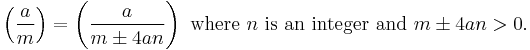 
\left(\frac{a}{m}\right)
=\left(\frac{a}{m \pm 4an}\right)\text{ where }n \text{ is an integer and } m\pm4an>0.
